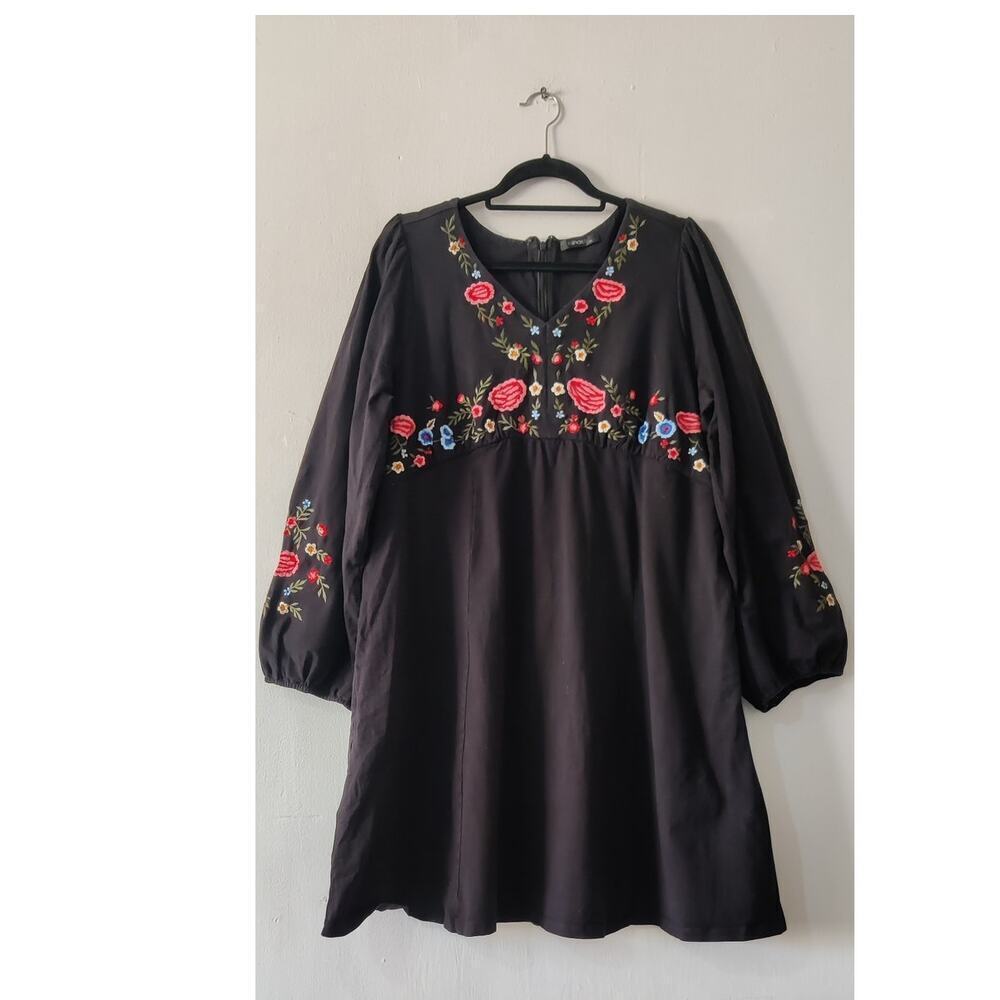 eShakti Black Floral Embroidered Fit & Flare Dress Long Sleeve Cotton‎ 18W Fall